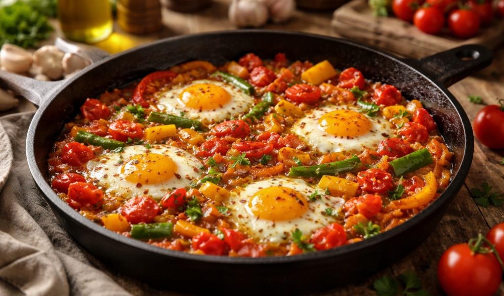 poele-piperade-poivrons-oeufs-cuisine-rustique