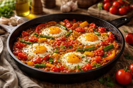 poele-piperade-poivrons-oeufs-cuisine-rustique