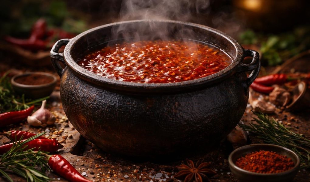 chaudron-fonte-sauce-epices-fumant