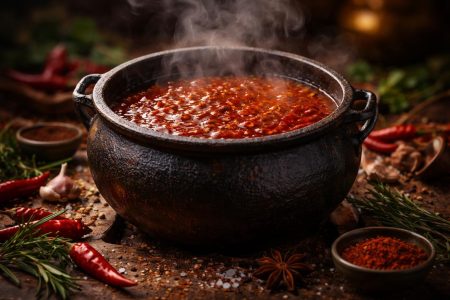 chaudron-fonte-sauce-epices-fumant