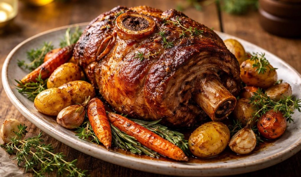 porc-doré-herbes-legumes-rotis