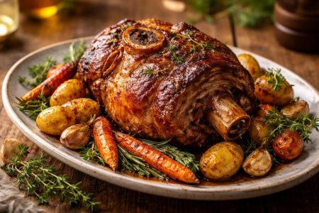 porc-doré-herbes-legumes-rotis