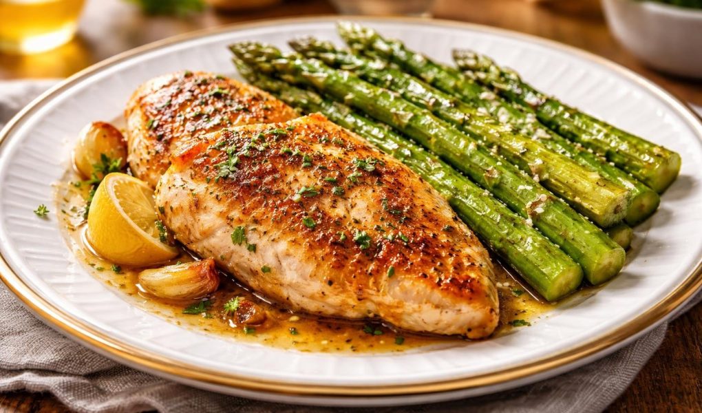 poulet-dore-asperges-grillees-assiette-elegante