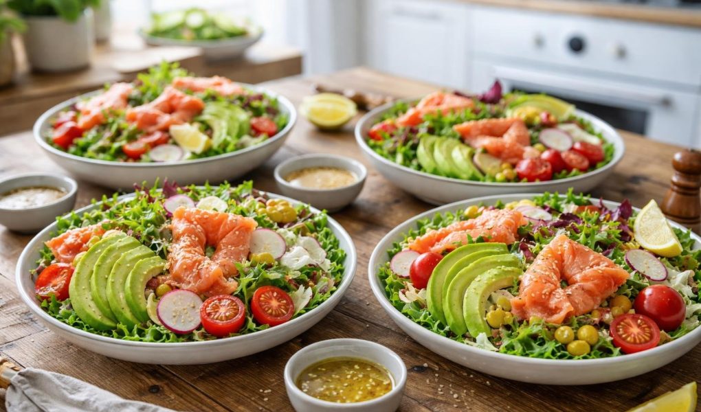 table-bois-assiettes-salades-saumon