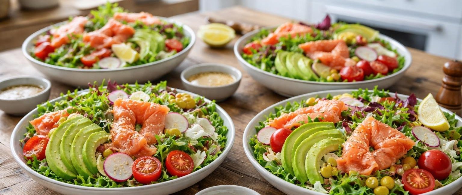 table-bois-assiettes-salades-saumon