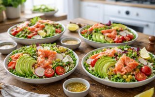 table-bois-assiettes-salades-saumon