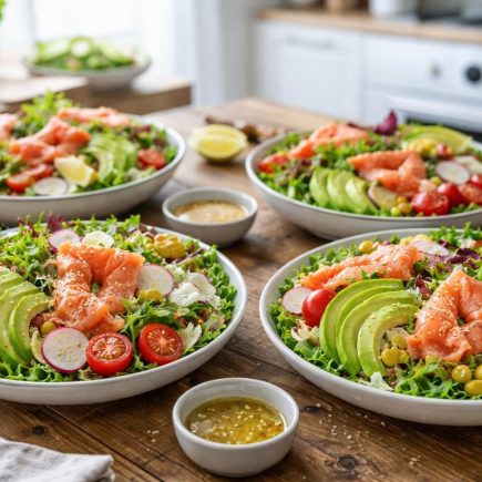 table-bois-assiettes-salades-saumon