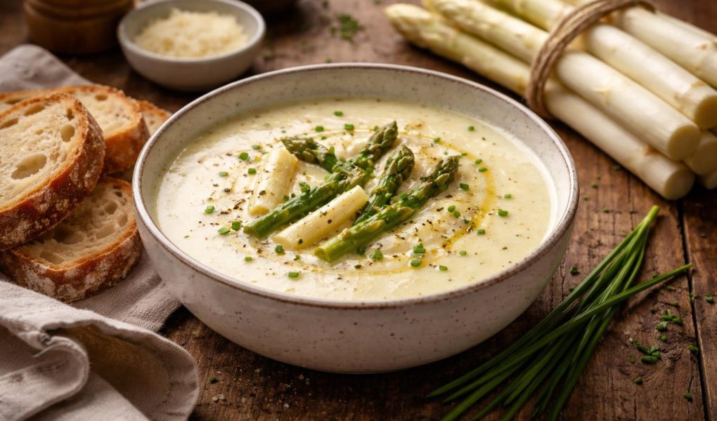 soupe-asperges-pain-table-bois
